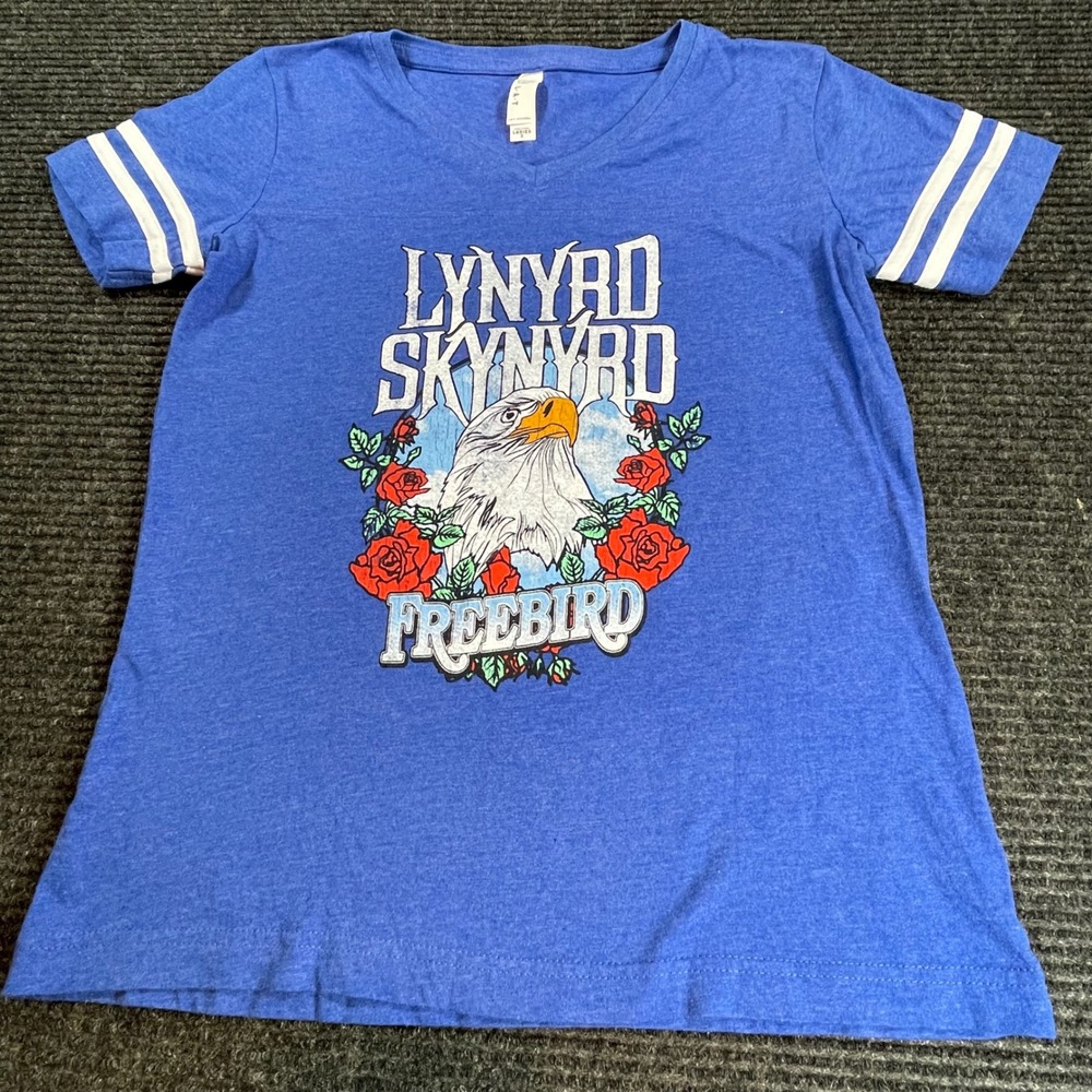 Lynyrd Skynyrd Freebird Graphic T-Shirt Blue V-Neck Eagle Roses Womens Small